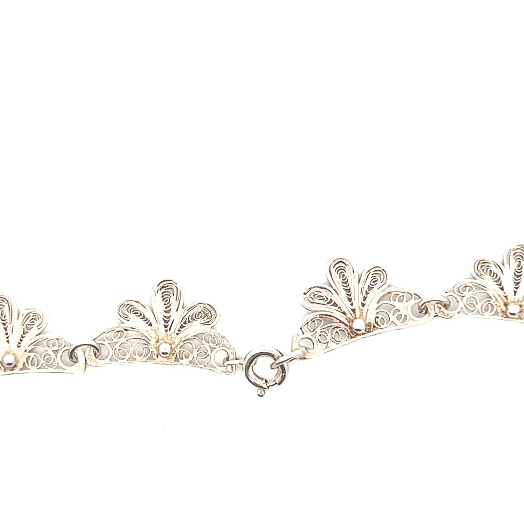 Estate Sterling Silver Floral Filigree Link Necklace