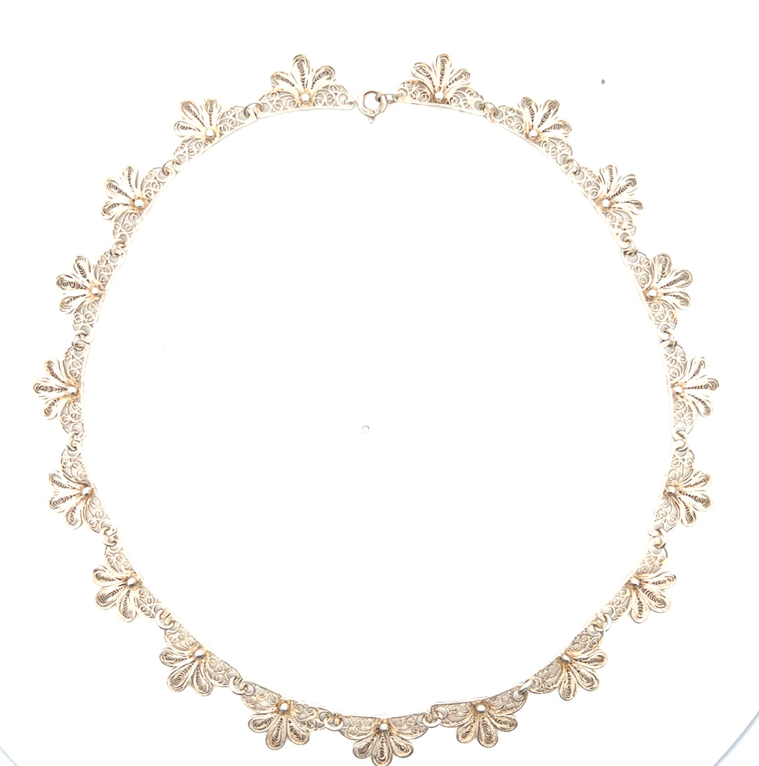 Estate Sterling Silver Floral Filigree Link Necklace
