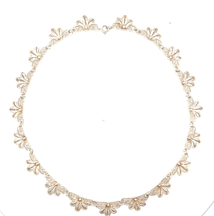 Estate Sterling Silver Floral Filigree Link Necklace
