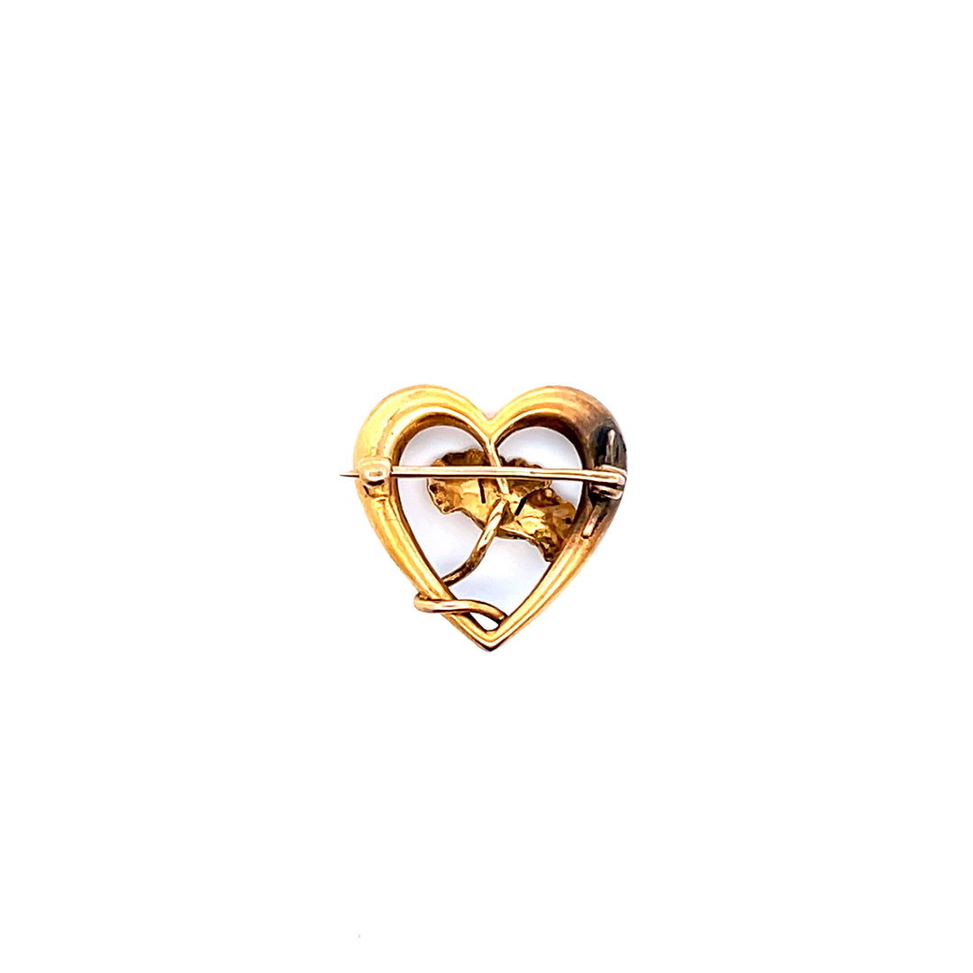 Estate 14K Yellow Gold Open Heart & Three-Dimensional Antique Flower Brooch