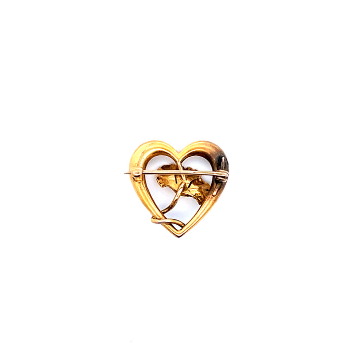 Estate 14K Yellow Gold Open Heart & Three-Dimensional Antique Flower Brooch