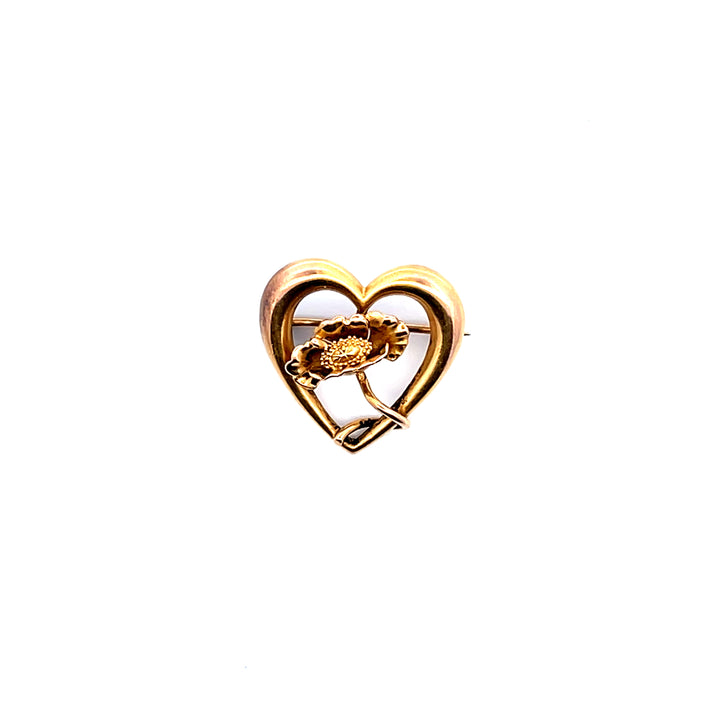 Estate 14K Yellow Gold Open Heart & Three-Dimensional Antique Flower Brooch