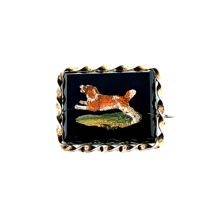 Estate Victorian 14K Yellow Gold Black Onyx Micro-Mosaic Spaniel Dog Brooch