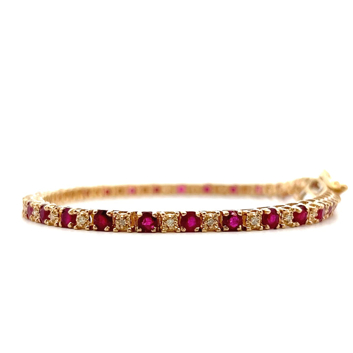 Estate 14K Yellow Gold Round Brilliant Ruby & Diamond Line Bracelet