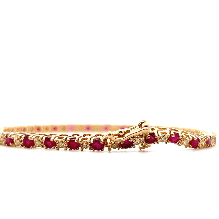 Estate 14K Yellow Gold Round Brilliant Ruby & Diamond Line Bracelet
