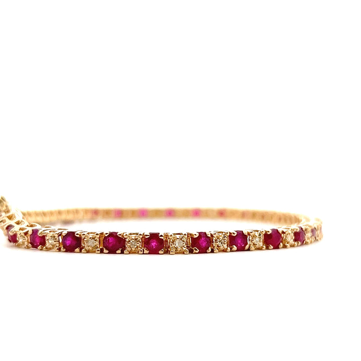 Estate 14K Yellow Gold Round Brilliant Ruby & Diamond Line Bracelet