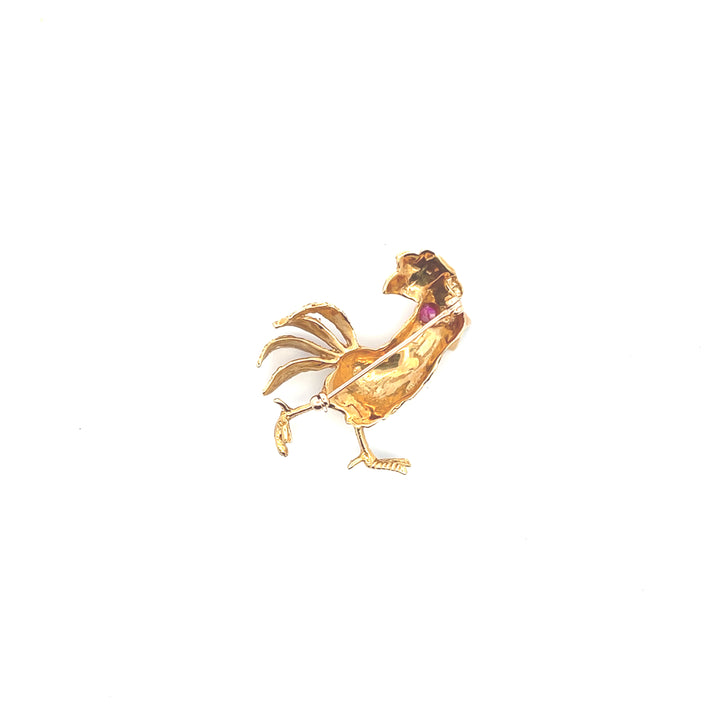 Estate 18K Yellow Gold 0.25CTW Vintage Ruby Rooster Brooch