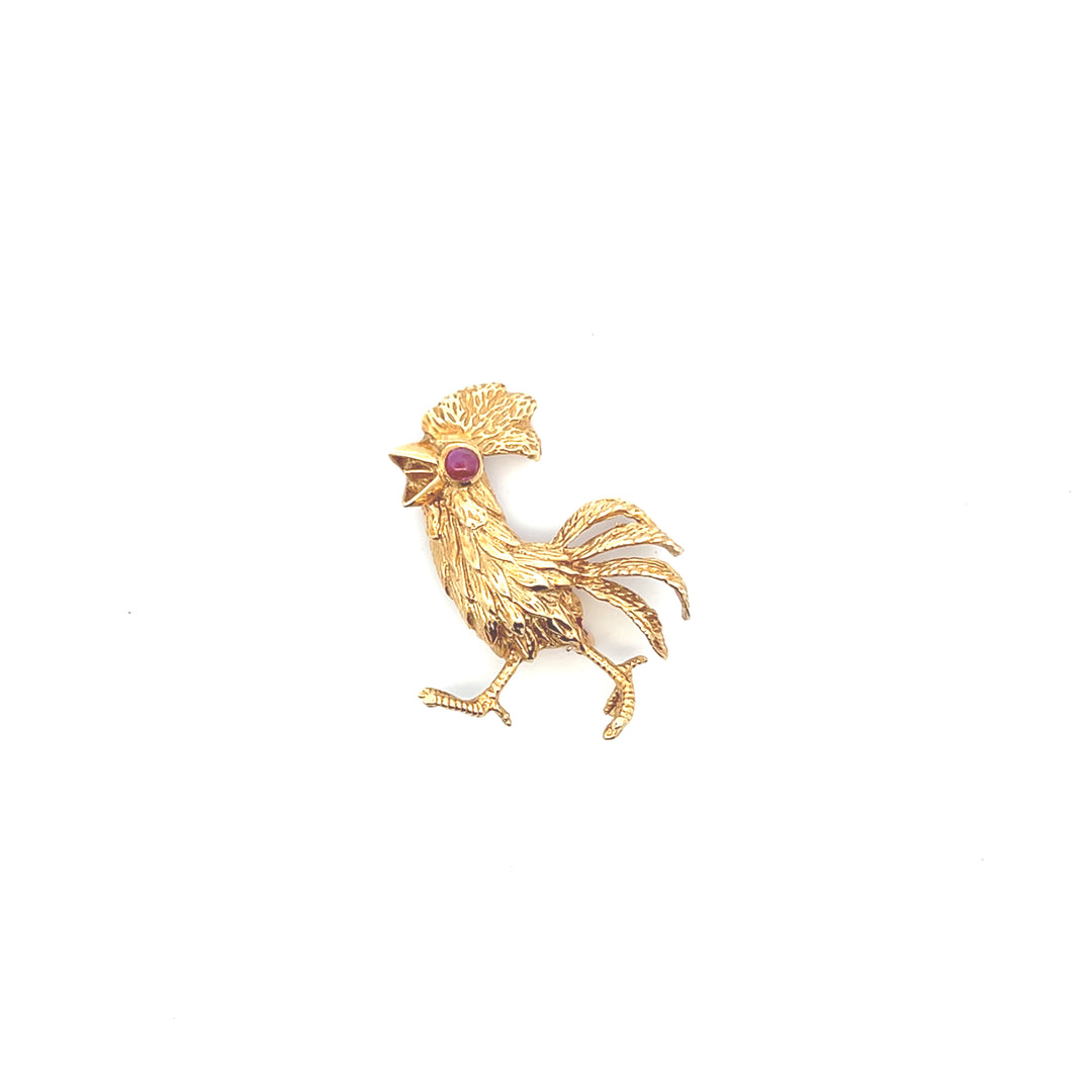 Estate 18K Yellow Gold 0.25CTW Vintage Ruby Rooster Brooch