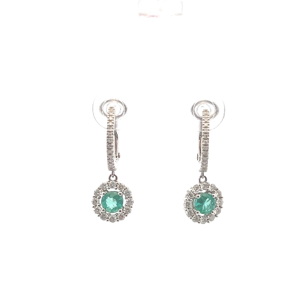 Estate 14K White Gold 1.01CTW Emerald & Diamond Halo Drop Earrings