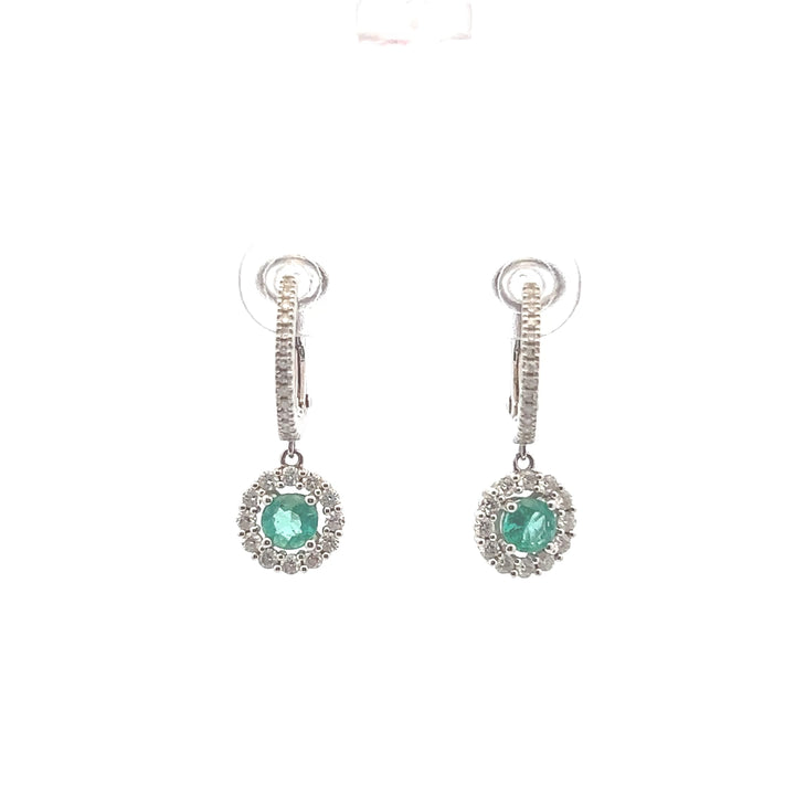 Estate 14K White Gold 1.01CTW Emerald & Diamond Halo Drop Earrings