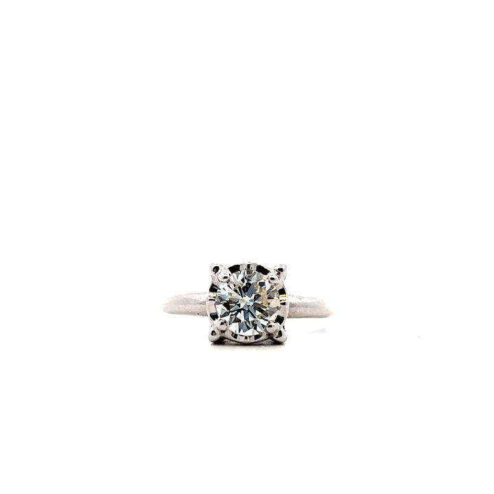 14KT White Gold Round Transitional Cut Diamond Engagement Ring, Mid-Century Modern