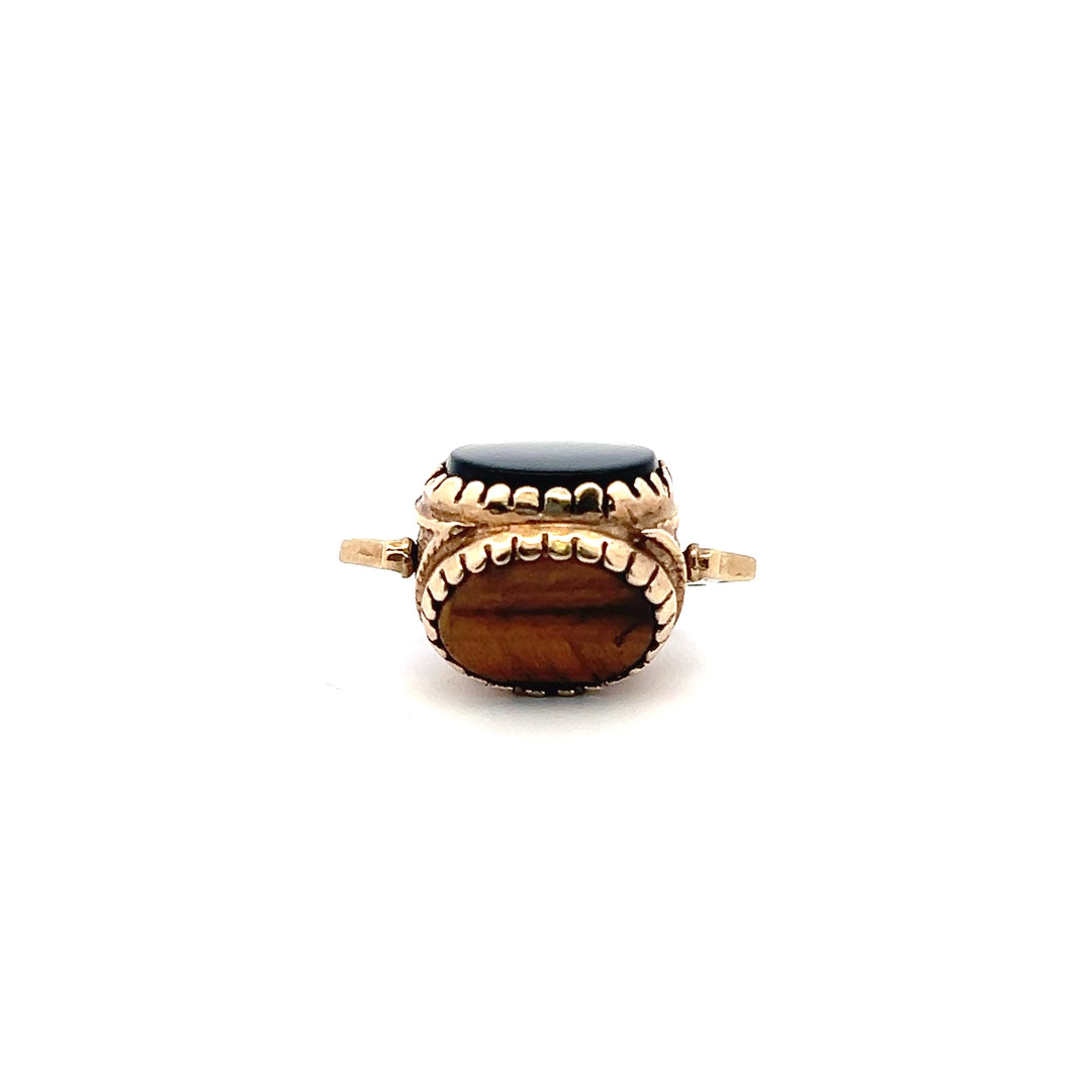 Estate 9KT Yellow Gold Carnelian, Onyx & Tiger's Eye Rotating Watch Fob, ca. 1992