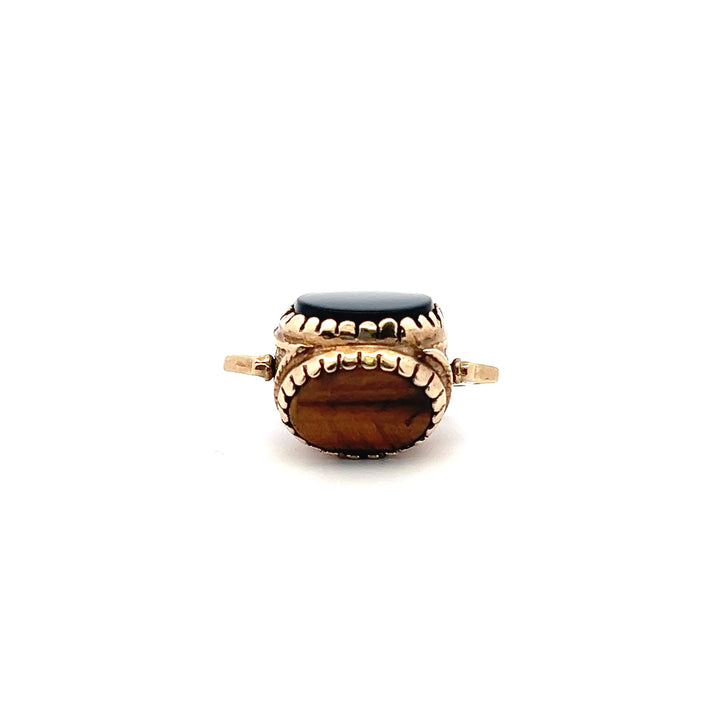 Estate 9KT Yellow Gold Carnelian, Onyx & Tiger's Eye Rotating Watch Fob, ca. 1992