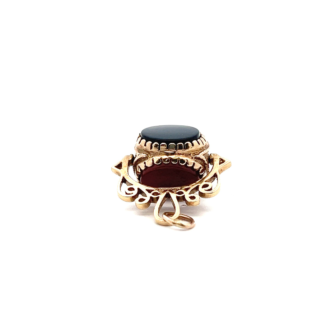 Estate 9KT Yellow Gold Carnelian, Onyx & Tiger's Eye Rotating Watch Fob, ca. 1992