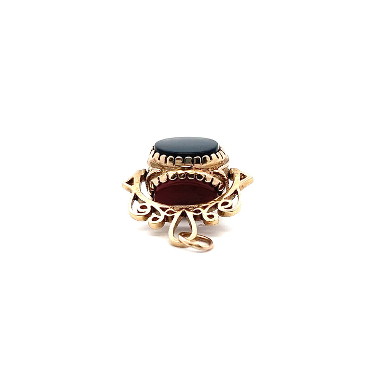 Estate 9KT Yellow Gold Carnelian, Onyx & Tiger's Eye Rotating Watch Fob, ca. 1992