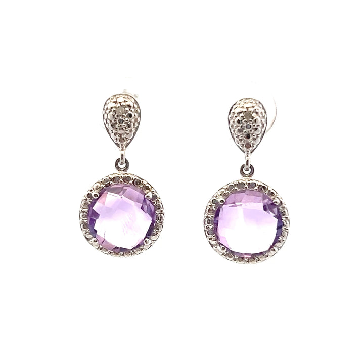 Estate Sterling Silver Briolette Amethyst & Diamond Drop Stud Earrings
