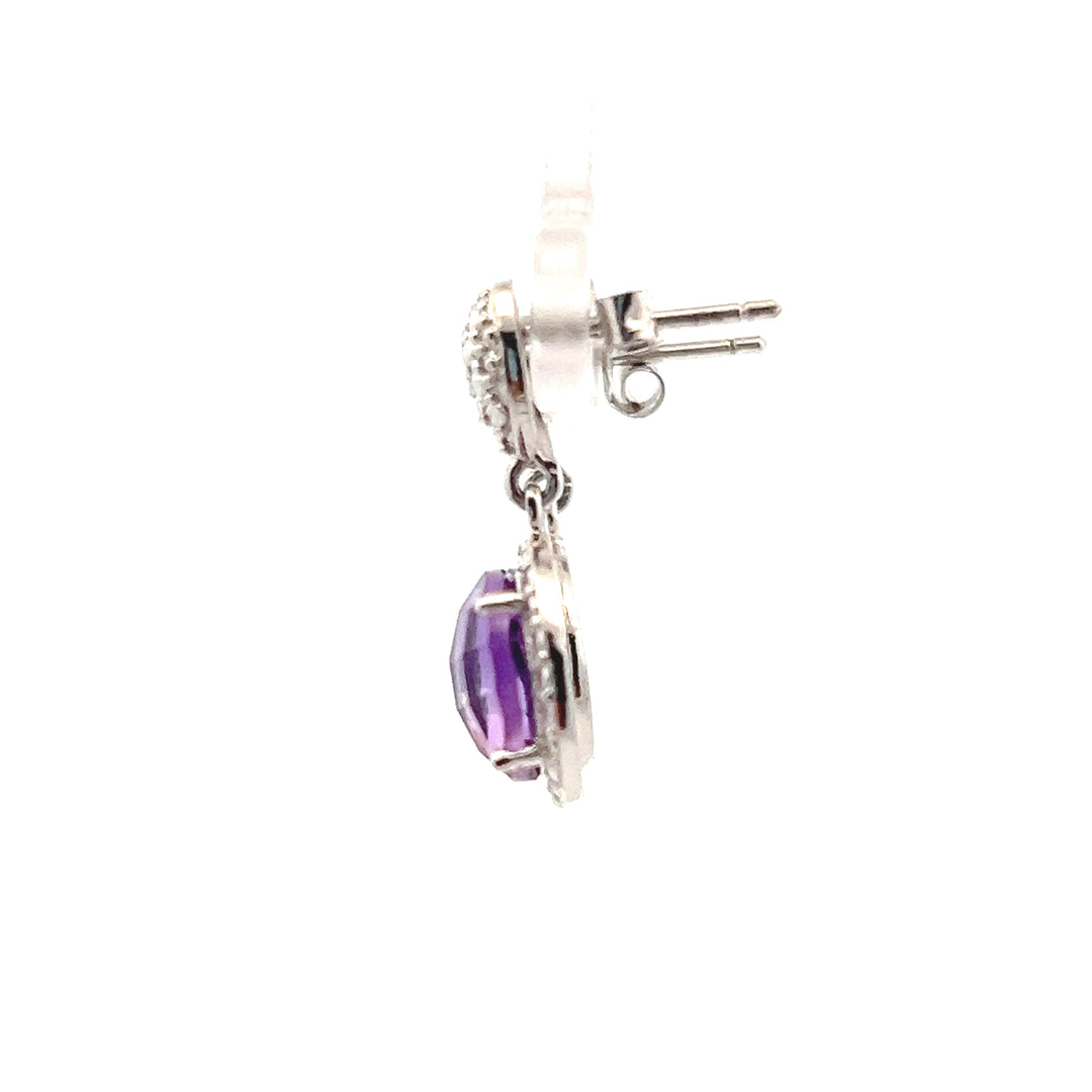 Estate Sterling Silver Briolette Amethyst & Diamond Drop Stud Earrings