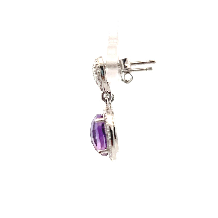 Estate Sterling Silver Briolette Amethyst & Diamond Drop Stud Earrings