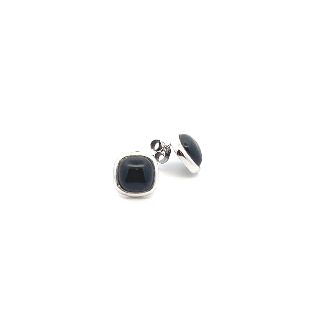 Estate Sterling Silver Square Cabochon Black Onyx Stud Earrings