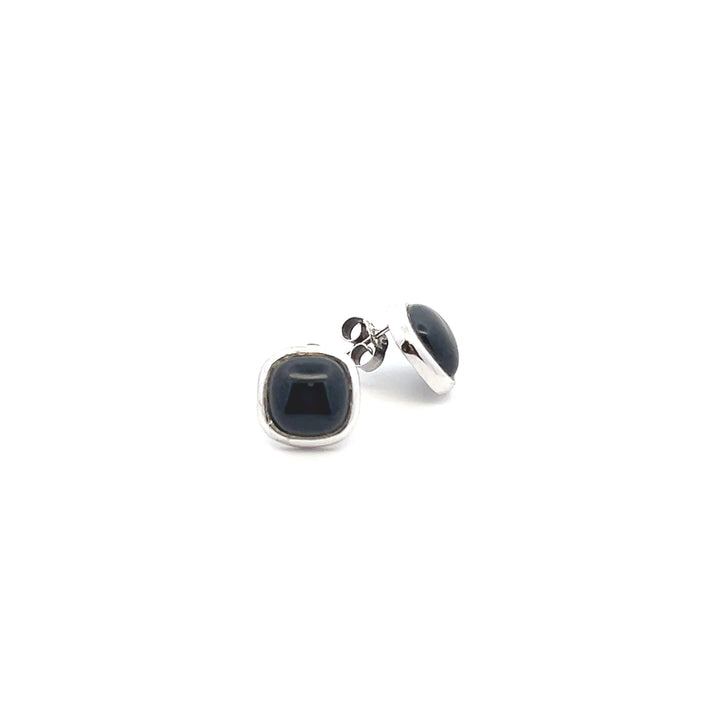 Estate Sterling Silver Square Cabochon Black Onyx Stud Earrings