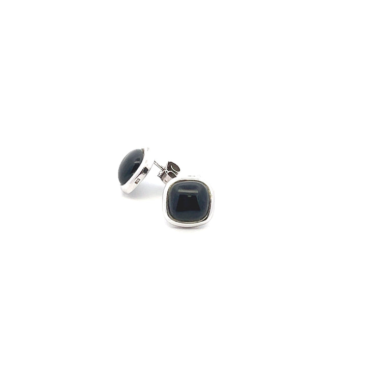 Estate Sterling Silver Square Cabochon Black Onyx Stud Earrings