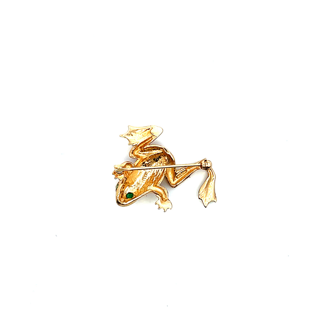 Estate 14K Yellow Gold 0.10CTW Vintage Emerald Frog Brooch