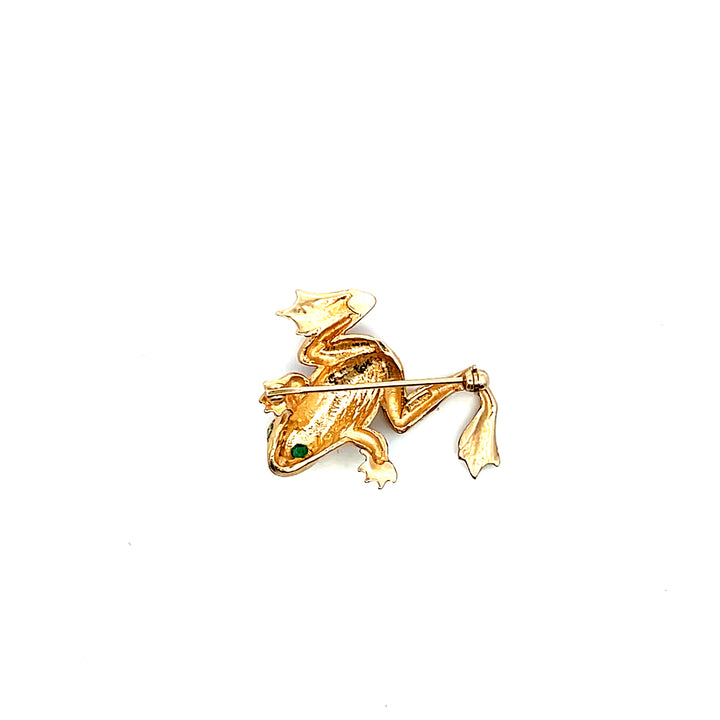 Estate 14K Yellow Gold 0.10CTW Vintage Emerald Frog Brooch