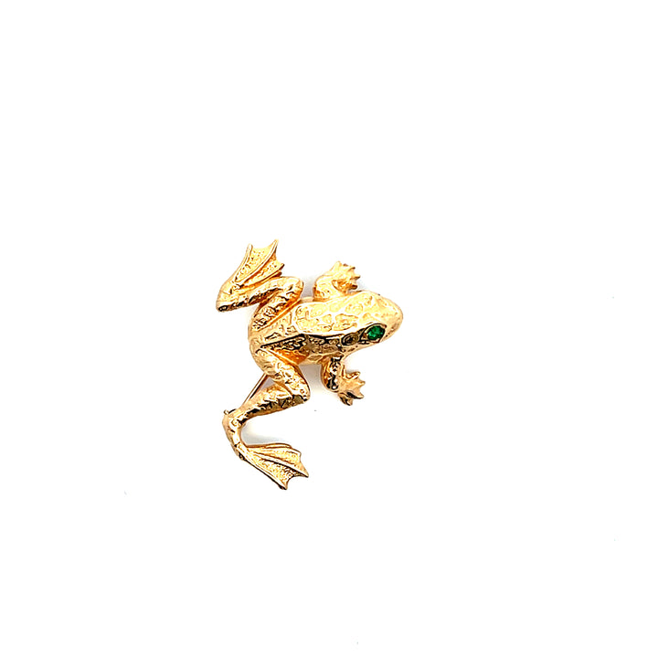 Estate 14K Yellow Gold 0.10CTW Vintage Emerald Frog Brooch