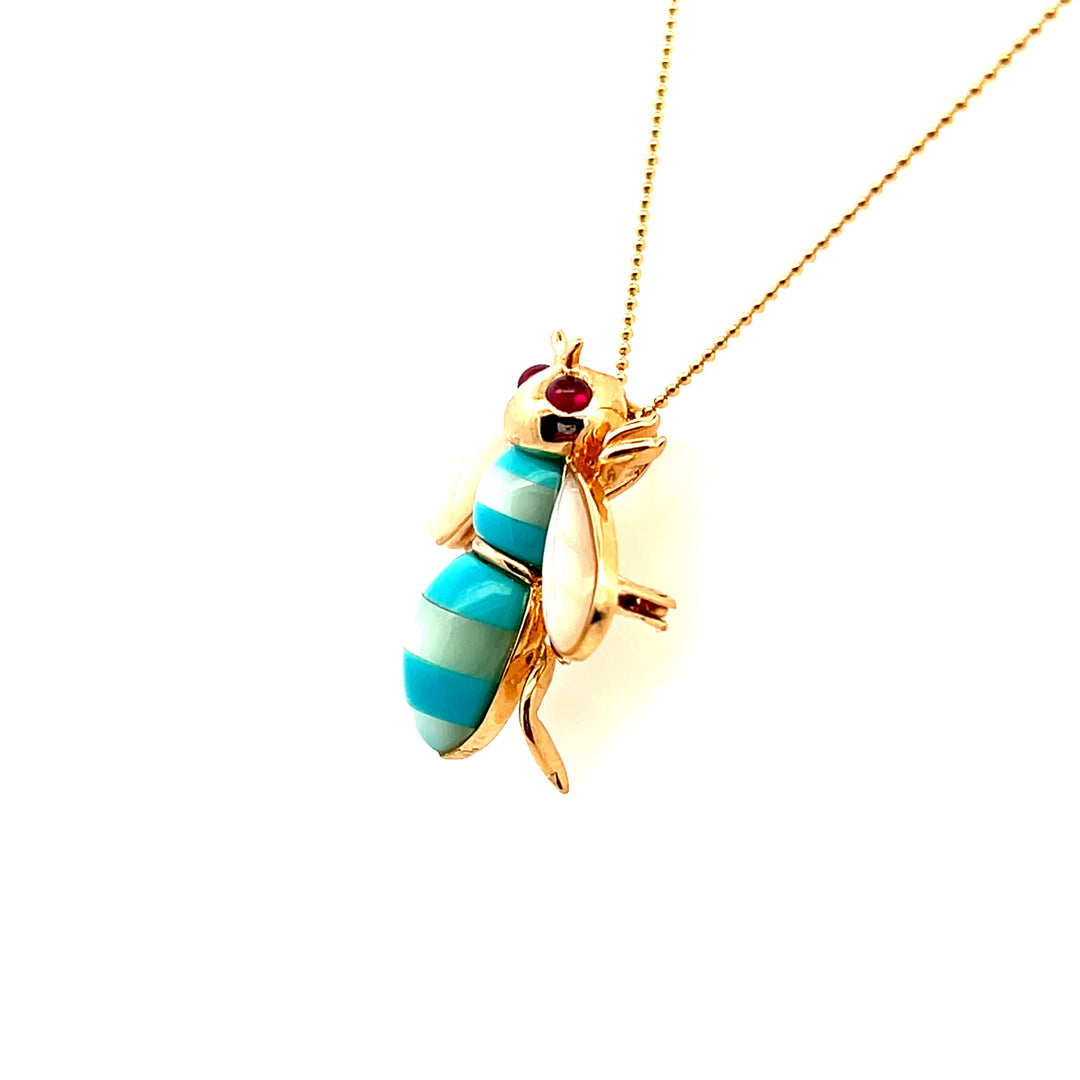 Estate 14K Yellow Gold Ruby, Mother of Pearl & Turquoise Bee Vintage Pendant/Brooch
