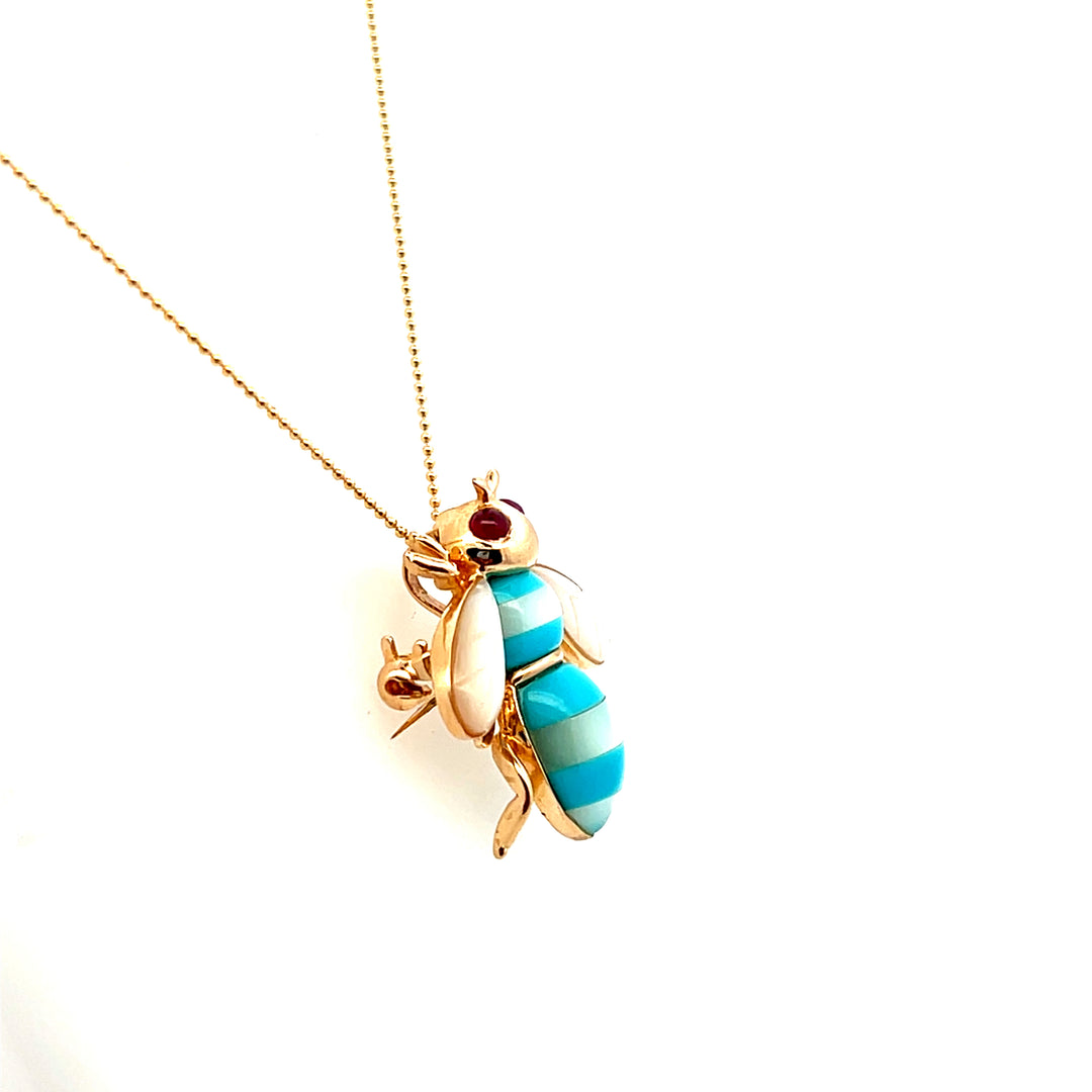 Estate 14K Yellow Gold Ruby, Mother of Pearl & Turquoise Bee Vintage Pendant/Brooch