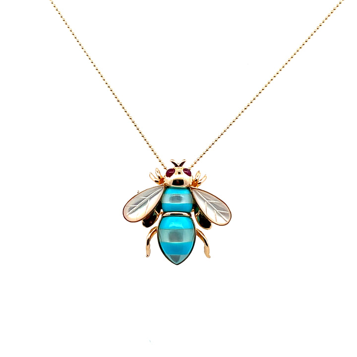 Estate 14K Yellow Gold Ruby, Mother of Pearl & Turquoise Bee Vintage Pendant/Brooch