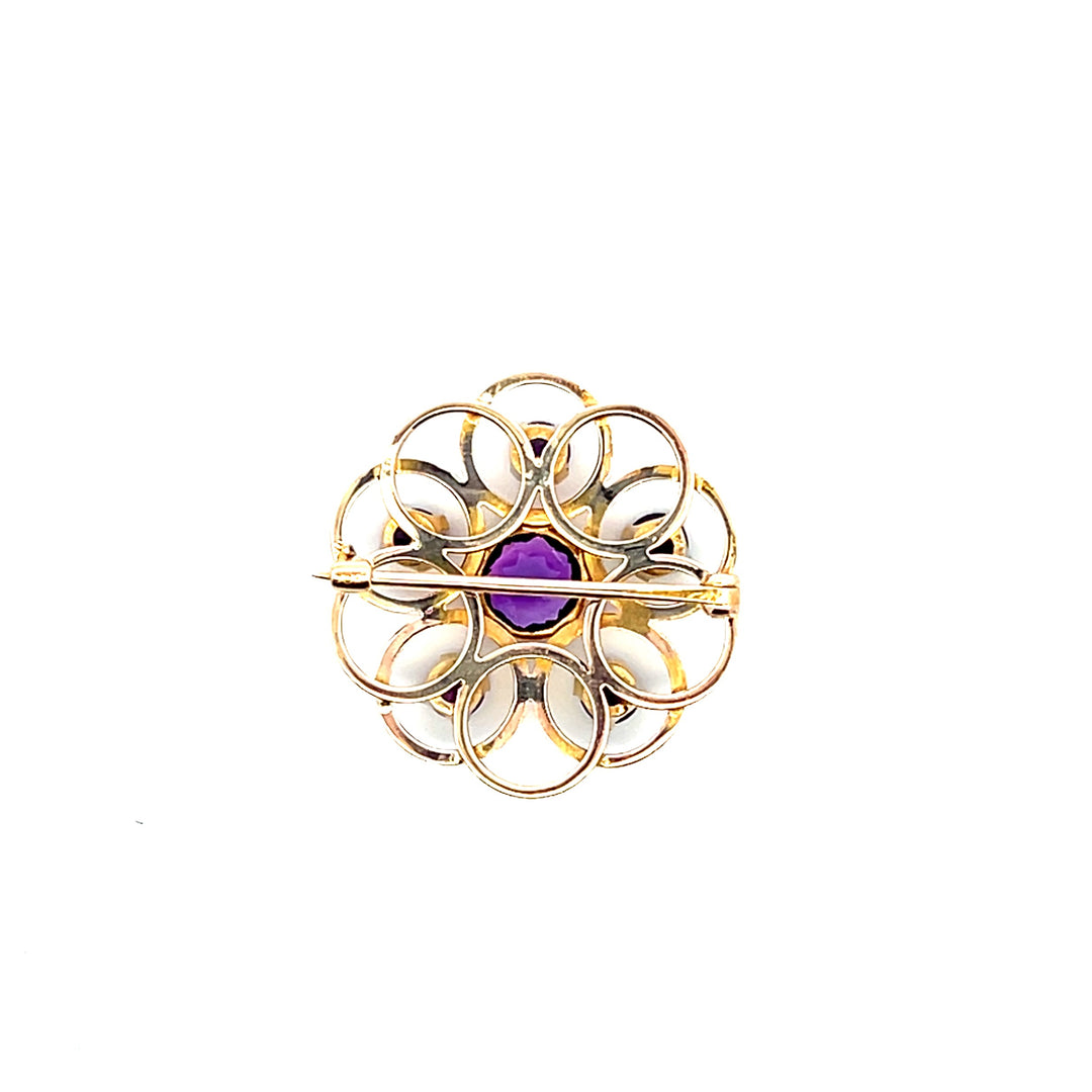 Estate 10K Yellow Gold 8.77CTW Antique Amethyst Open Circles Brooch