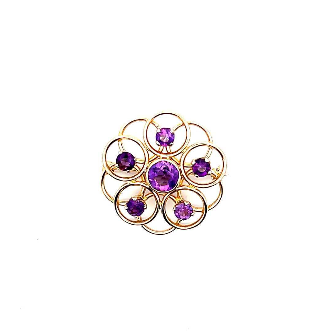 Estate 10K Yellow Gold 8.77CTW Antique Amethyst Open Circles Brooch