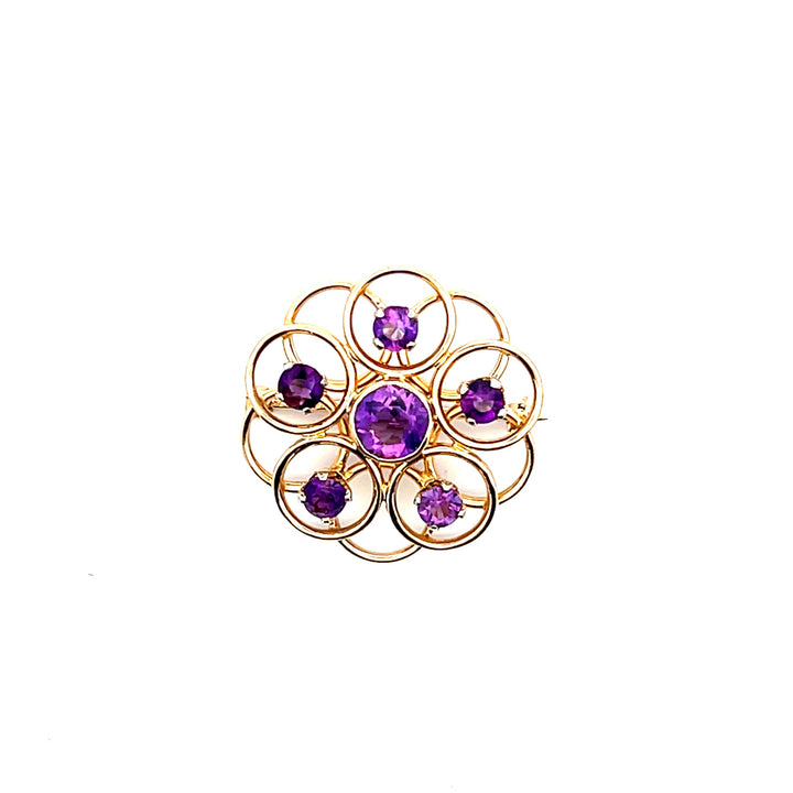 Estate 10K Yellow Gold 8.77CTW Antique Amethyst Open Circles Brooch