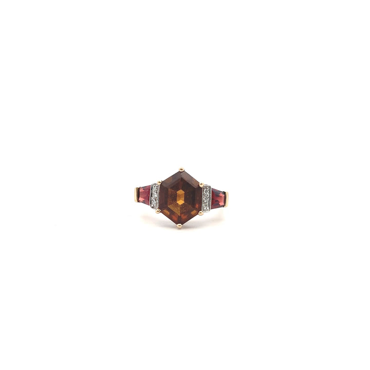 Estate 14KT Yellow Gold Hexagonal Smoky Quartz, Garnet & Diamond Three-Stone Ring