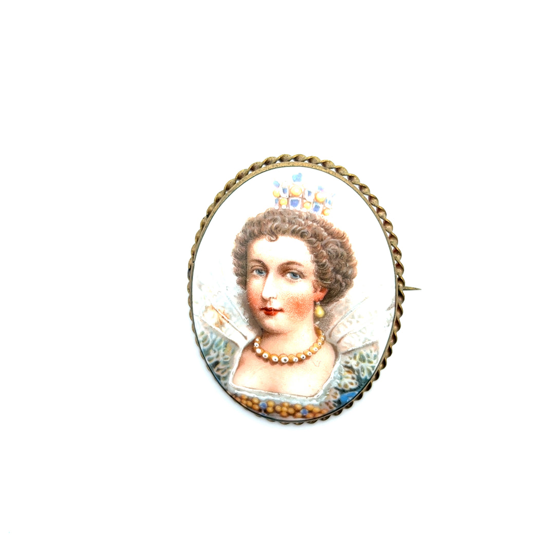 Estate Yellow Base Metal Mini Framed Portrait Pin, Edwardian