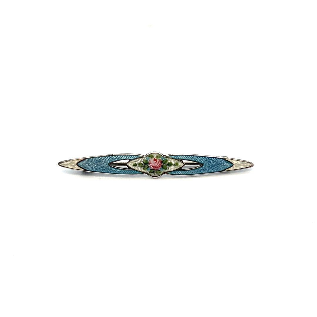 Estate Sterling Silver & Enamel Guilloche Floral Brooch, ca. 1930's