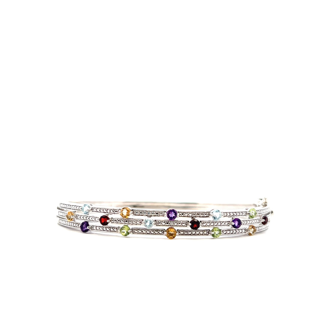 Estate Sterling Silver Diamond & Multi-Stone Hinged Bangle