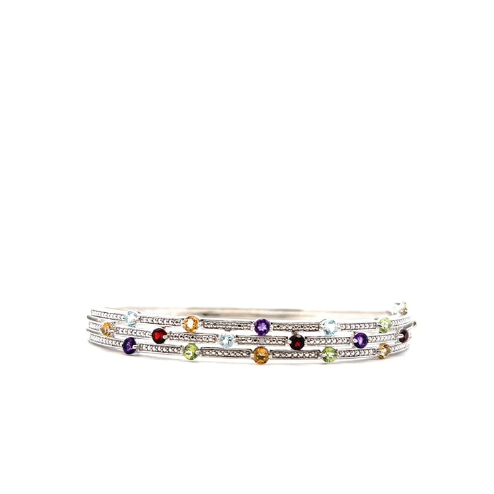 Estate Sterling Silver Diamond & Multi-Stone Hinged Bangle