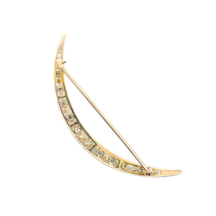 Estate 10KT Yellow Gold Sapphire, Diamond & Pearl Crescent Moon Brooch, Edwardian