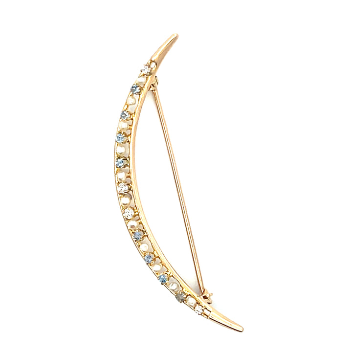 Estate 10KT Yellow Gold Sapphire, Diamond & Pearl Crescent Moon Brooch, Edwardian