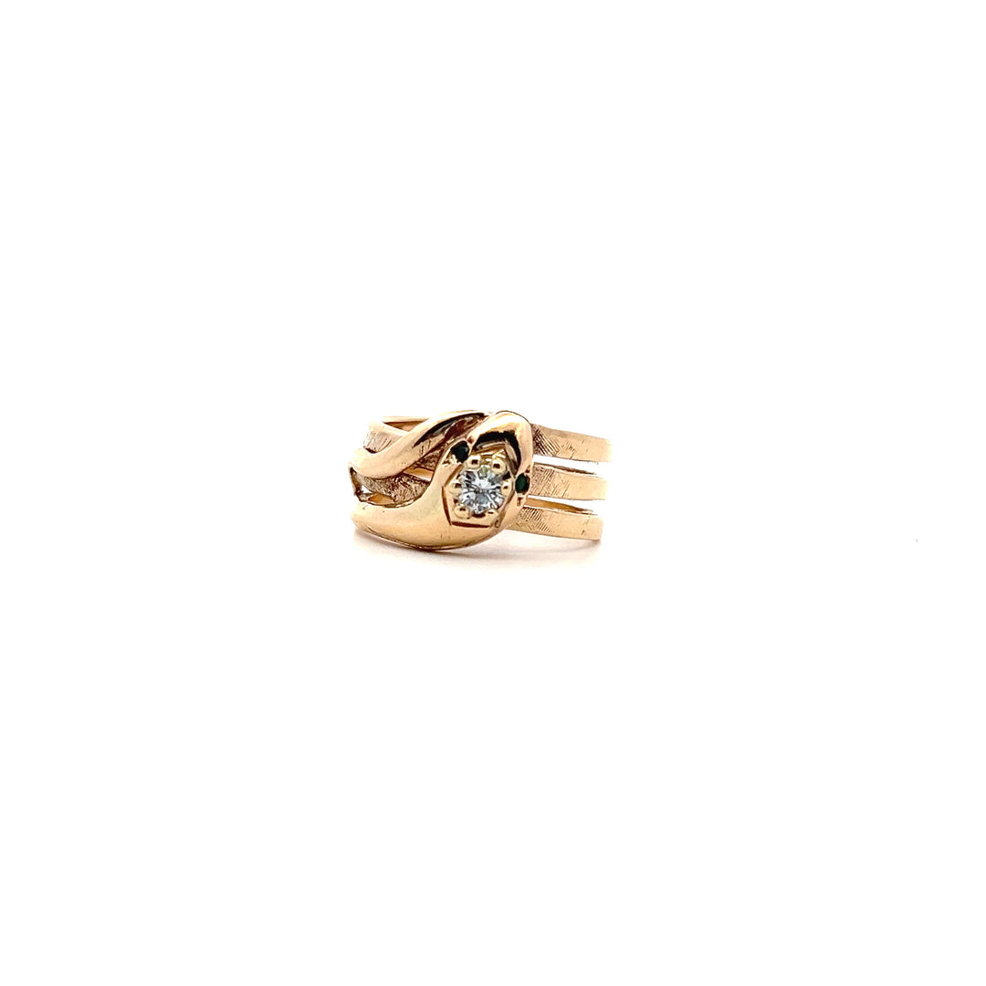 Estate 14KT Yellow Gold Diamond & Emerald Three-Row Snake Motif Ring, Vintage