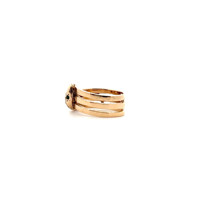 Estate 14KT Yellow Gold Diamond & Emerald Three-Row Snake Motif Ring, Vintage