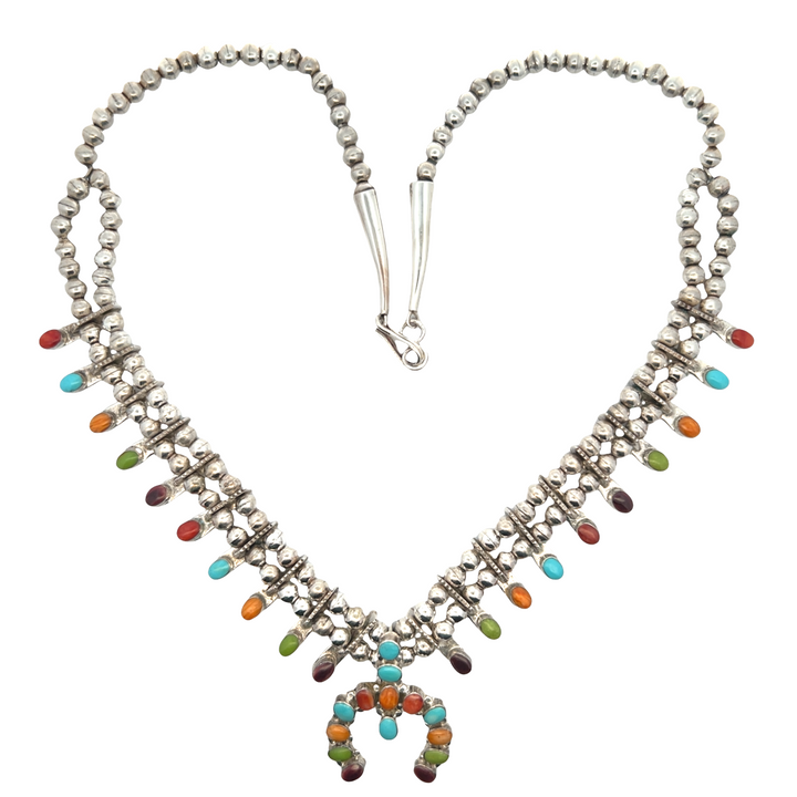 Estate Sterling Silver Oval Multi-Stone Squash Blossom Necklace, Vintage