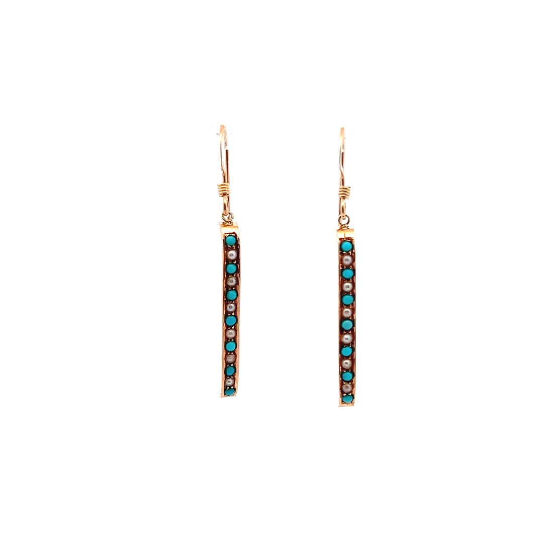 14KT Yellow Gold Seed Pearl & Turquoise Drop Earrings