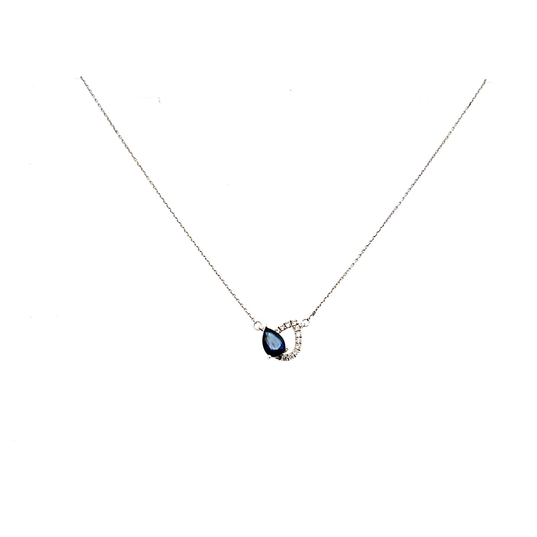 Estate 14KT White Gold Pear Sapphire & Diamond Offset Pendant Necklace
