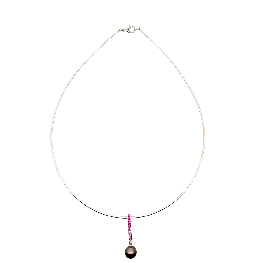 18KT White Gold Mikimoto Pink Sapphire & Black Pearl Pendant Necklace