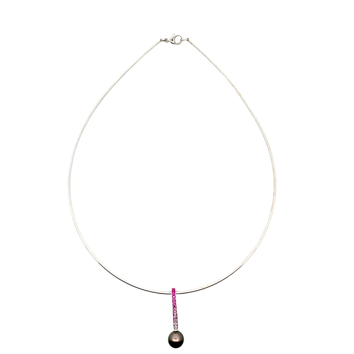 18KT White Gold Mikimoto Pink Sapphire & Black Pearl Pendant Necklace