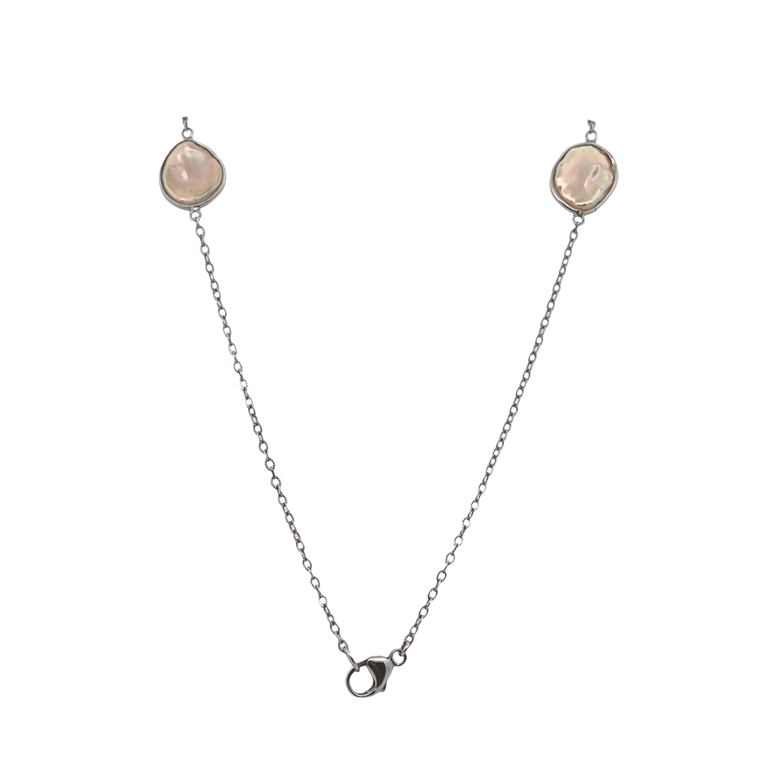 Estate Sterling Silver Baroque Coin Pearl Station Necklace