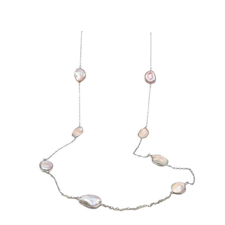 Estate Sterling Silver Baroque Coin Pearl Station Necklace